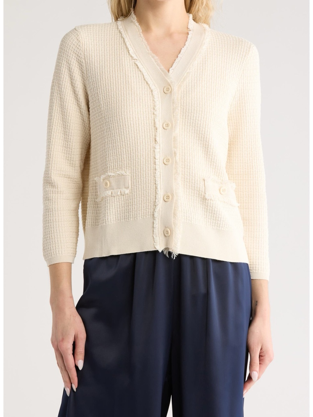 Adrianna Papell Ivory Fringe Trim Textured Knit Cardigan Sweater Size Small